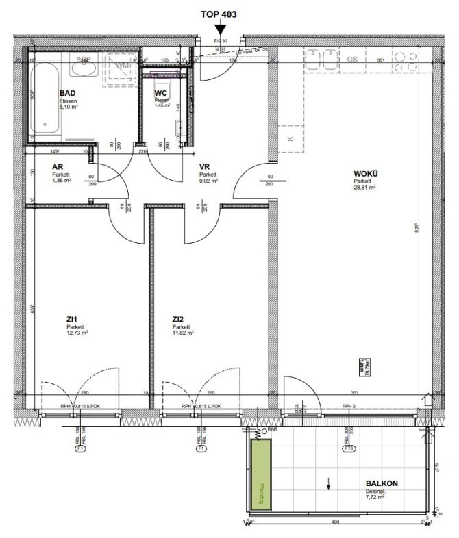 Grundriss einer Wohnung mit zwei Zimmern, Bad, WC und Balkon. Räume und Maße deutlich markiert.