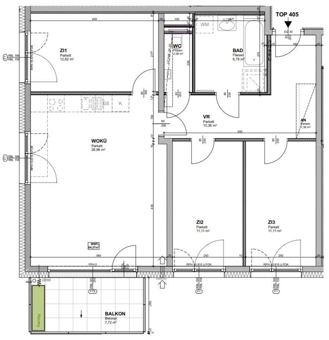 Grundriss einer Wohnung mit drei Zimmern, Bad, WC, Küche, Vorraum und Balkon.