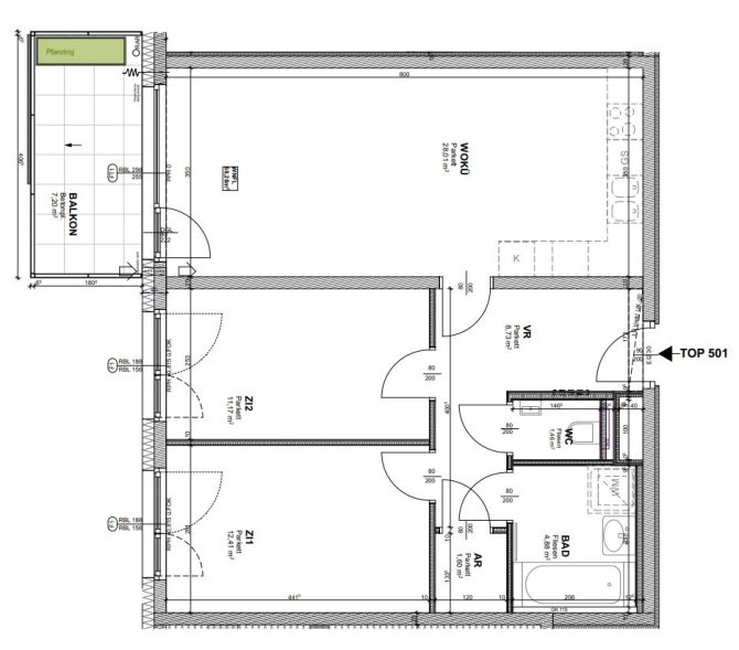 Wohnungsgrundriss mit zwei Zimmern, Küche, Bad, WC und Balkon.