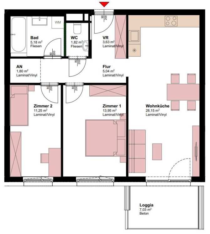 Grundriss einer Wohnung mit 3 Zimmern, Wohnküche und Loggia. Perfekt zum Wohnen in Wien.