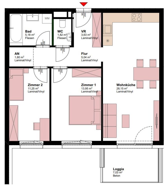 Grundriss einer Wohnung mit zwei Zimmern, Wohnküche und Loggia. Ideal für Immobilie in Wien.