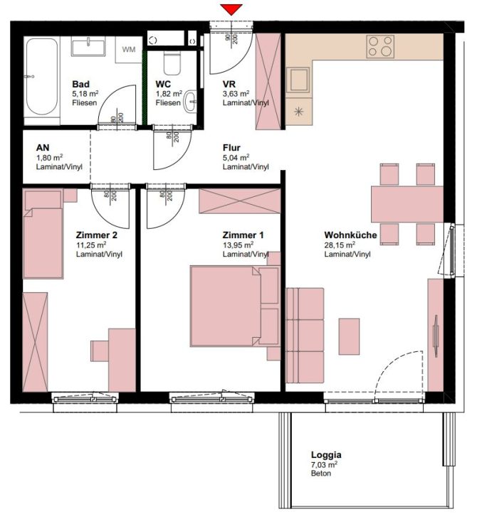 Grundriss einer modernen 3-Zimmer-Wohnung mit Wohnküche und Loggia.