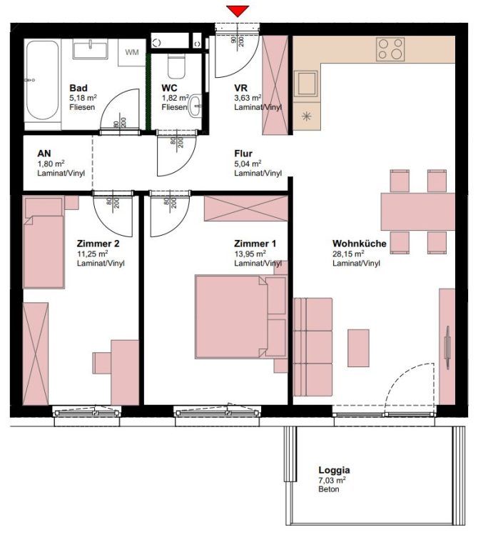 Grundriss einer modernen Wohnung, 2 Zimmer, großer Wohnküche, Bad, WC, Loggia, optimale Raumaufteilung.