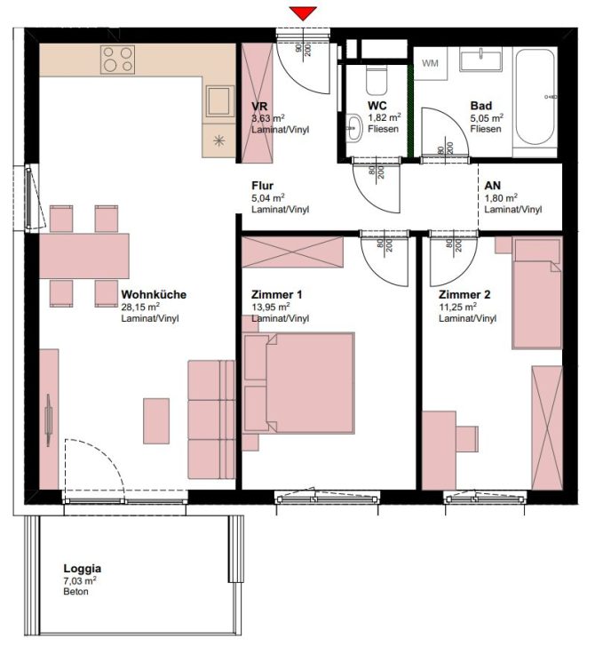 Grundriss: Moderne Wohnung, 2 Zimmer, Wohnküche, Bad, Loggia, ideal für Kauf in Wien.