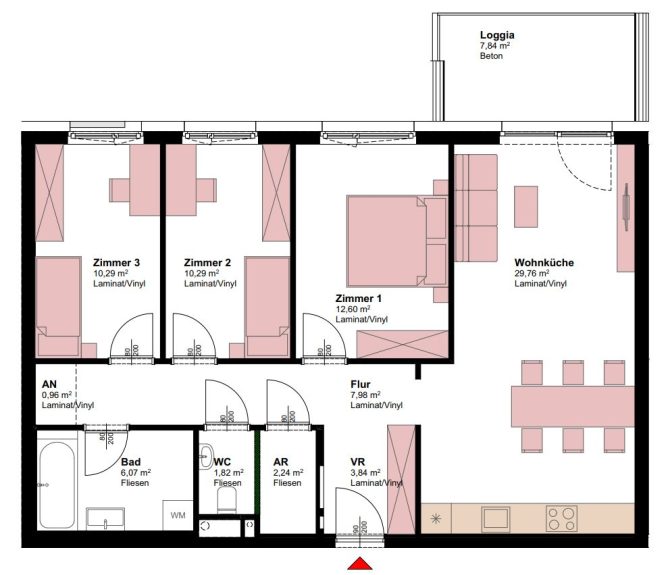 Grundriss einer 3-Zimmer-Wohnung mit Wohnküche, Bad und Loggia in Wien. Ideal zum Wohnung kaufen.