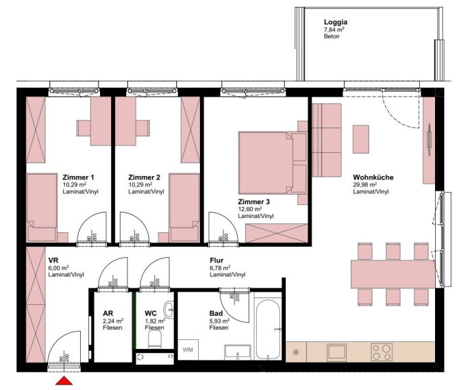 Grundriss einer Wohnung mit drei Zimmern, Wohnküche, Bad, WC, Vorraum und Loggia, Bodenbeläge angegeben.