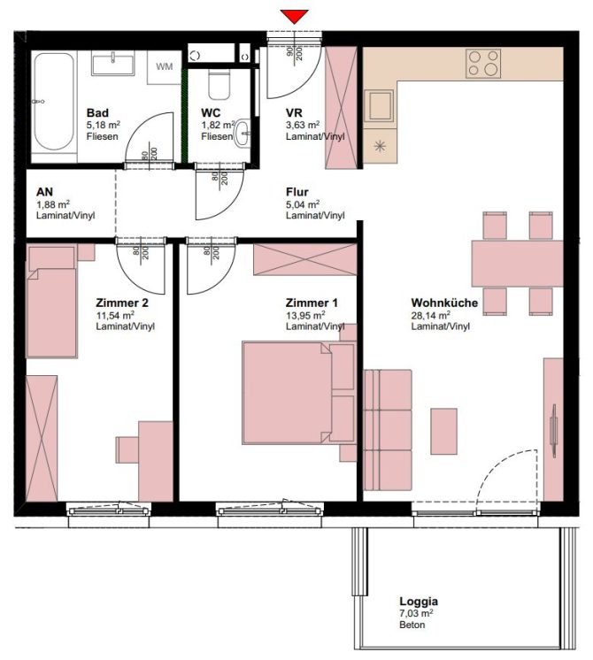 Grundriss einer Wohnung mit Wohnküche, zwei Zimmern, Bad, WC und Loggia. Ideal für Wohnungskauf.