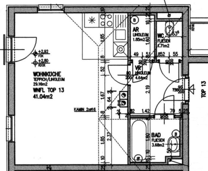 Wohnungsgrundriss mit Wohnküche, Bad, WC und Abstellraum, Gesamtfläche 41,04 m².