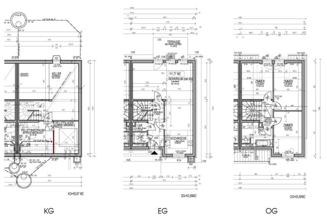 Grundriss eines Hauses mit Keller, Erdgeschoss und Obergeschoss mit Maßen und Beschriftungen.