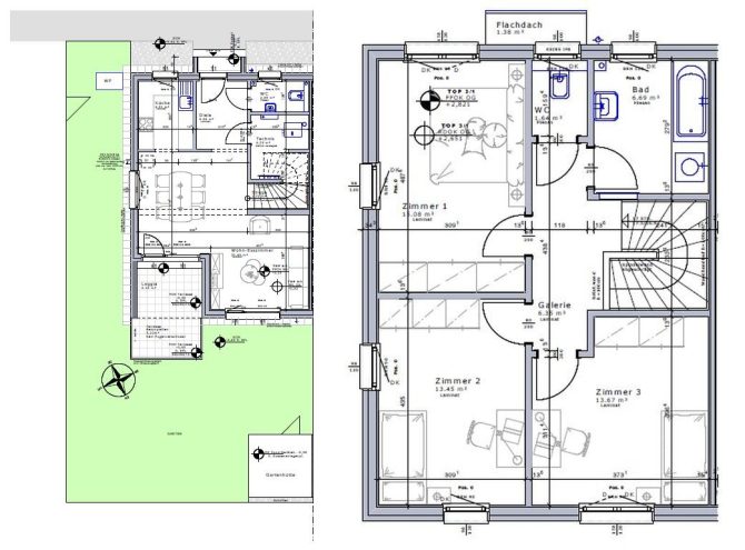 Grundriss eines zweistöckigen Hauses mit Gartenbereich. Zeigt Räume wie Küche, Bad, und Schlafzimmer.