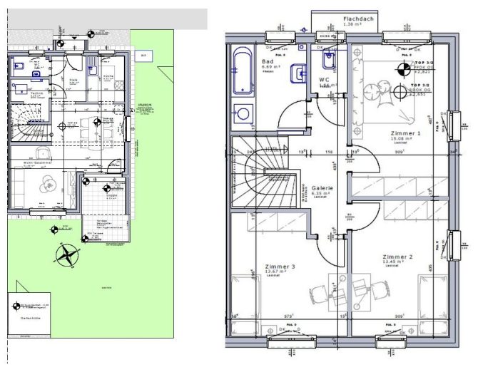Architekturplan eines zweistöckigen Hauses mit Grundrissdetails und Raumaufteilung.