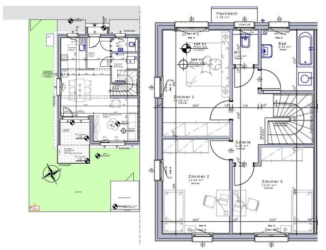 Hausgrundriss mit mehreren Zimmern, Bädern und Küche auf zwei Etagen.
