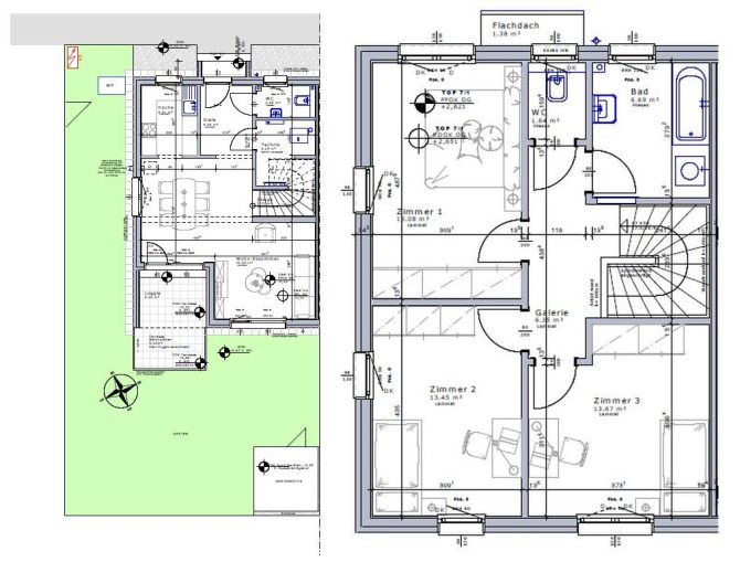 Grundriss eines zweistöckigen Hauses mit Wohn- und Schlafbereichen, Badezimmern und Gartenbereich.