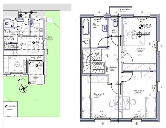 Grundriss eines Hauses mit mehreren Räumen, Treppen, Badezimmern und einem Außenbereich.