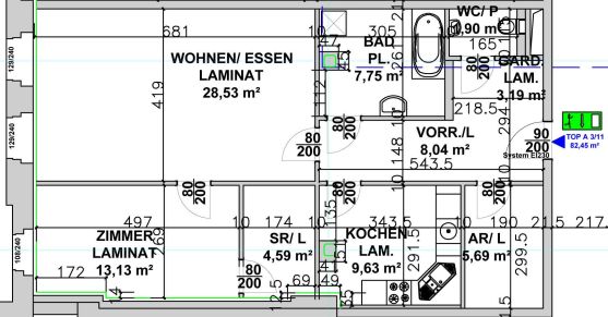 Grundriss einer Wohnung mit verschiedenen Räumen und Größenangaben in Quadratmetern.