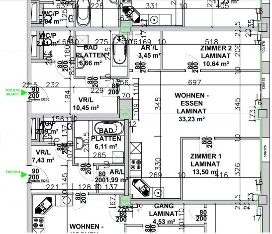 Grundriss einer Wohnung mit Zimmerbeschriftungen und Flächenangaben in Quadratmetern.