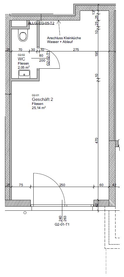Grundriss eines Raums mit WC, kleiner Küche und genauen Maßangaben, geeignet für Planungszwecke.