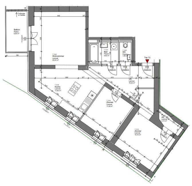 Grundriss einer Wohnung mit mehreren Zimmern, Küche, Bad und Balkon.