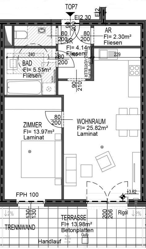 Grundriss einer modernen 2-Zimmer-Wohnung mit Terrasse in Wien. Ideal zum Kaufen.