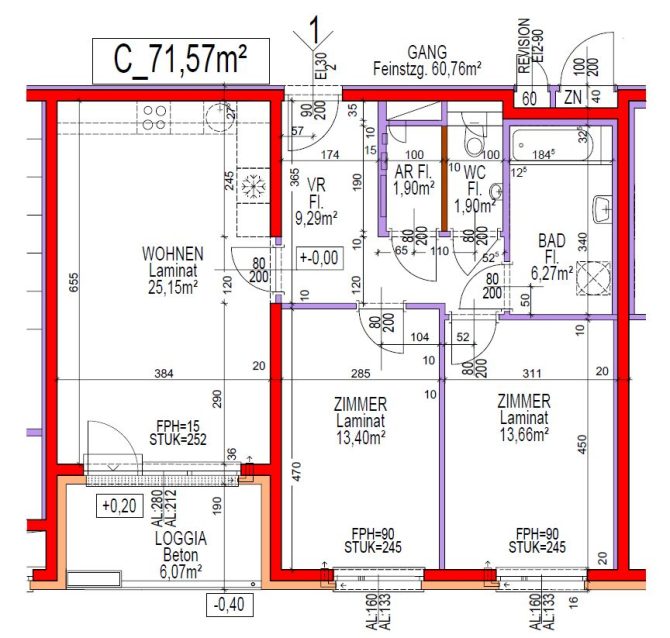Grundriss einer Wohnung mit Raumgrößen und Materialien, ca. 71,57 m². Räume: Wohnen, Zimmer, Bad.