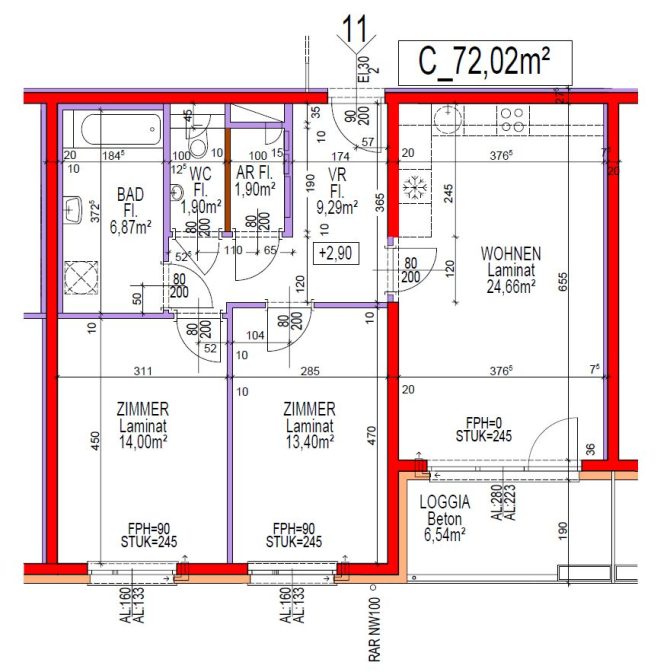 Grundriss einer Wohnung mit Zimmern, Badezimmer und Loggia. Gesamtfläche: 72,02 m².