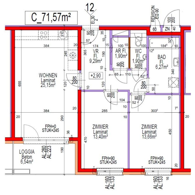 Grundriss einer Wohnung mit Zimmer- und Flächenangaben in Quadratmetern, inklusive Loggia und Bad.