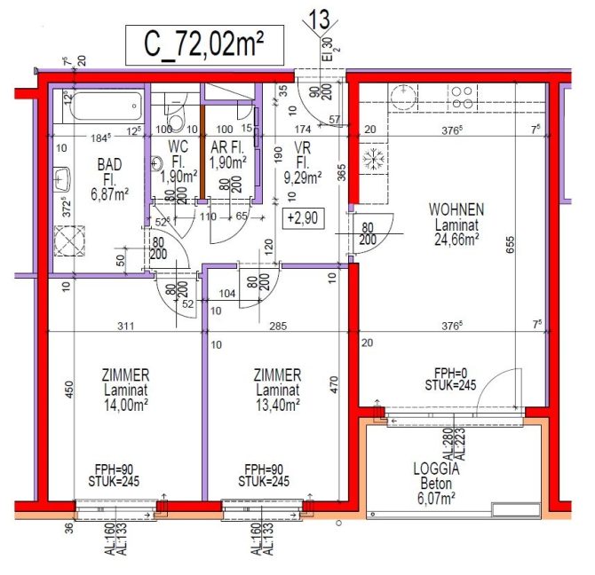 Grundriss einer 72,02 m² Wohnung mit Zimmeraufteilung und Quadratmeterangaben.