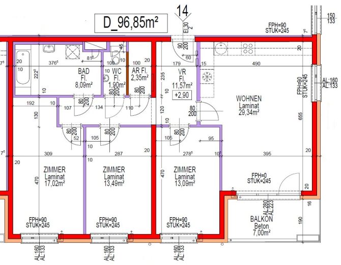 Grundriss einer Wohnung mit Zimmeaufteilung, Abmessungen und Quadratmetern in Deutsch. Wohnfläche 96,85 m².