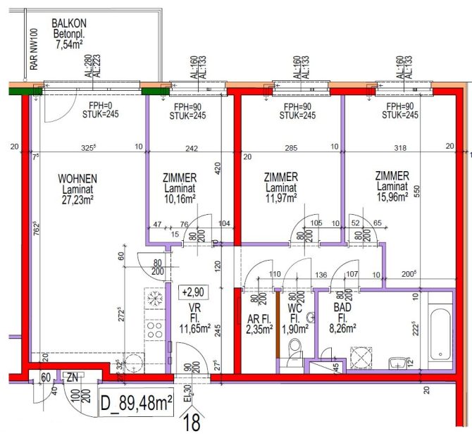 Grundriss einer Wohnung mit drei Zimmern, Bad und Balkon, Gesamtfläche 89,48 m².