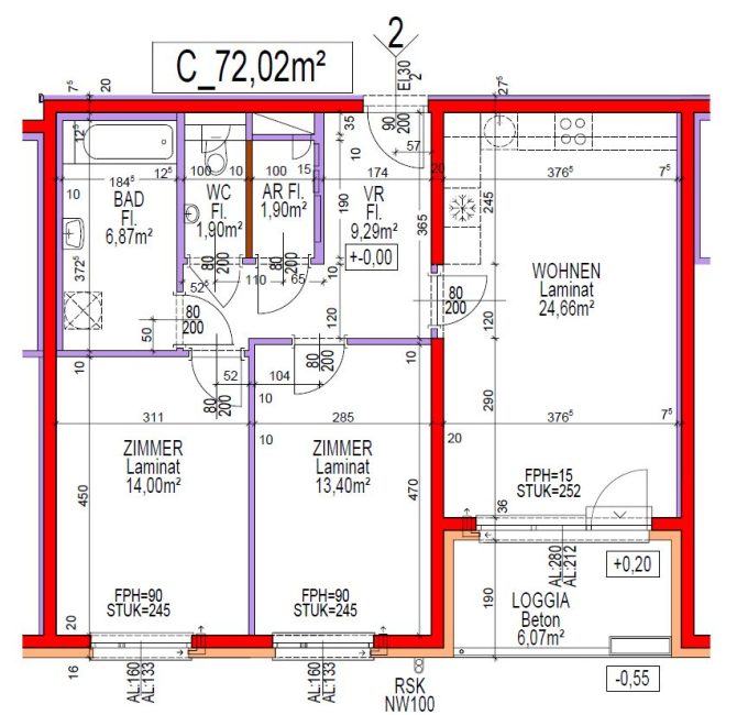Grundriss einer Wohnung mit mehreren Zimmern, Badezimmer und Wohnbereich, insgesamt 72,02 Quadratmeter.