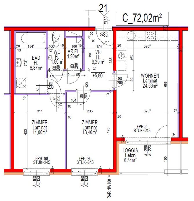 Wohnungsgrundriss mit Zimmern, Bad, WC und Loggia, Gesamtfläche 72,02 m².