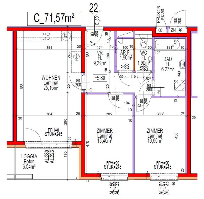 Grundriss einer Wohnung mit Wohn- und Schlafbereich sowie Badezimmer und Loggia.