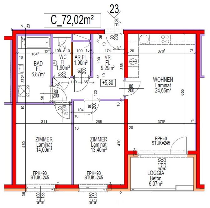 Grundriss einer Wohnung mit Zimmern, Bad, Küche und Loggia auf 72,02 m². Räume und Maße sind detailliert angegeben.