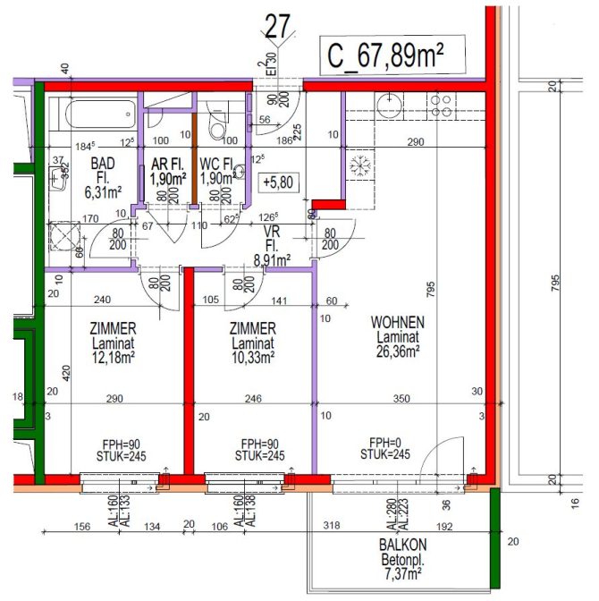 Grundriss einer Wohnung mit zwei Zimmern, Wohnzimmer, Bad, WC, Abstellraum und Balkon, insgesamt 67,89 m².