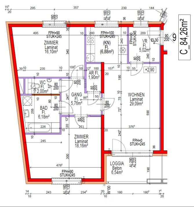 Wohnungsgrundriss mit Raumgrößen und -aufteilung auf 84,26 Quadratmetern dargestellt.