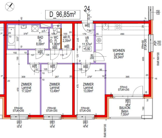 Grundriss einer Wohnung mit markierten Räumen, Quadratmetern und Materialien in deutscher Sprache.
