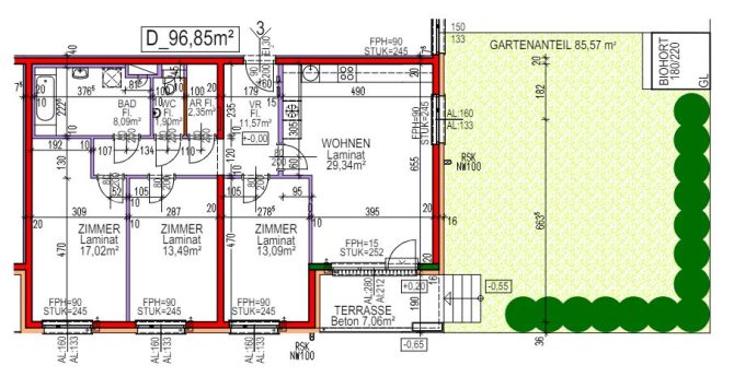 Grundriss einer Wohnung mit Zimmeraufteilung und Gartenteil auf Deutsch, 96,85 m² Wohnfläche.