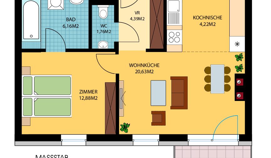 Grundriss einer Wohnung mit Bad, Küche, Wohnküche, Schlafzimmer und Balkon, farblich dargestellt.
