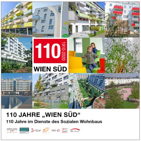 Collage der Wien Süd, 110 Jahre soziales Wohnbau-Jubiläum, moderne Wohngebäude und spielende Kinder.