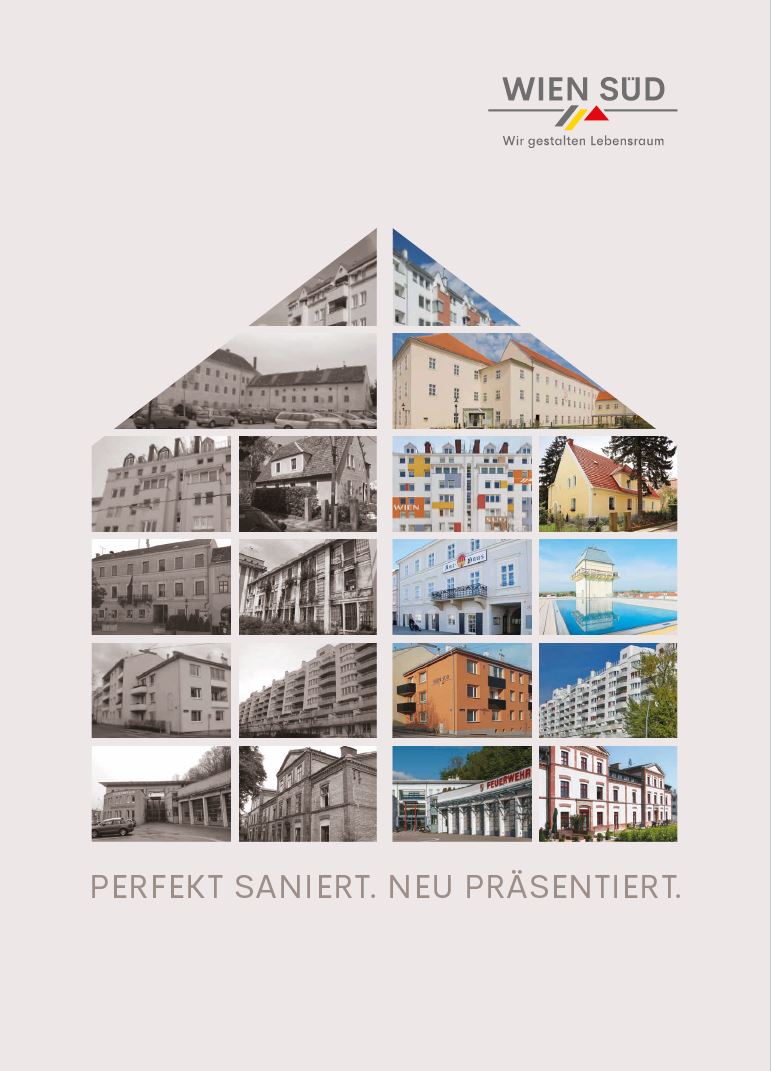 Collage von sanierten Gebäuden, präsentiert von Wien Süd. Perfekt saniert. Neu vorgestellt.