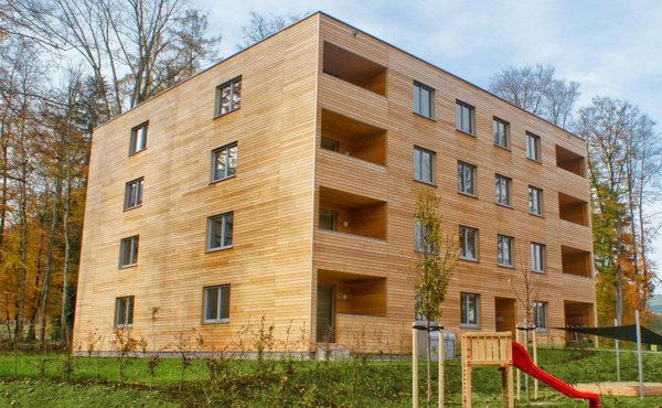 Mehrstöckiges Holzgebäude im Freien mit grüner Umgebung und kleinem Spielplatz im Vordergrund.