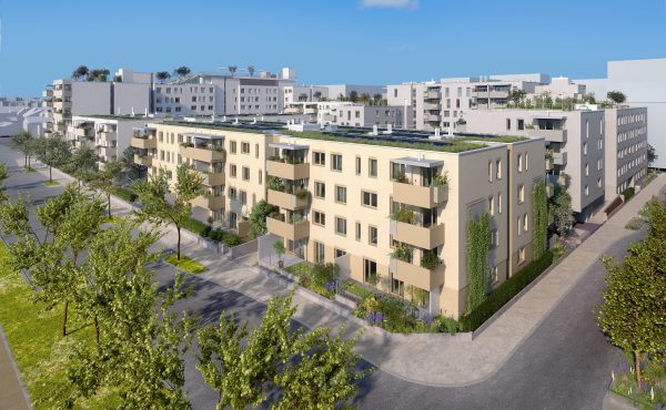 Moderne Wohnanlage mit begrünten Dächern und Balkonen, umgeben von Bäumen und Wegen an einem sonnigen Tag.