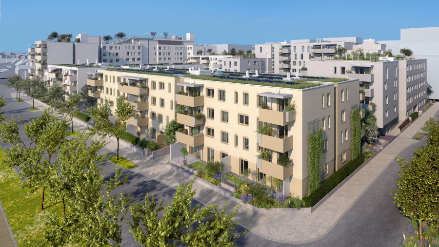 Moderne Wohnanlage mit begrünten Dächern und Balkonen, umgeben von Bäumen und Wegen an einem sonnigen Tag.