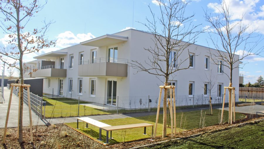 Modernes Wohngebäude mit Garten im Sonnenschein, umgeben von Bäumen und gut gepflegten Außenanlagen.