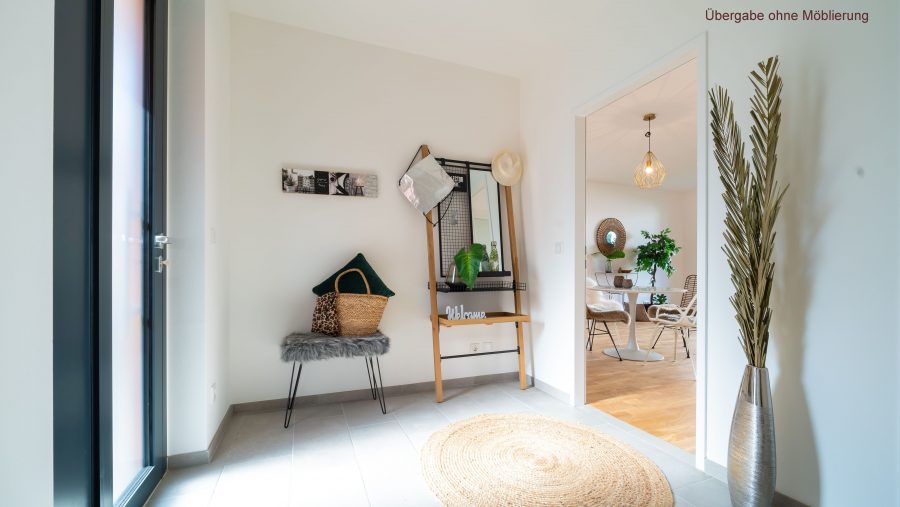 Moderner Eingangsbereich mit Dekoration und Blick in einen hellen Wohnraum.
