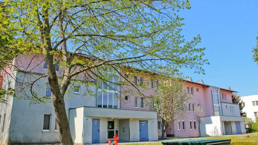 Wohngebäude mit Baum im Vordergrund an einem sonnigen Tag.