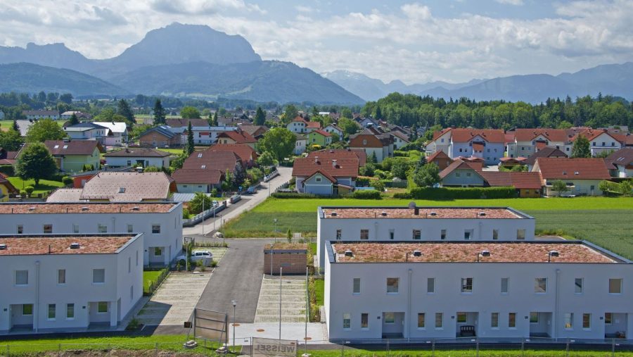 Wohnsiedlung mit Blick auf die Alpen im Hintergrund, sonnige Wohngegend mit grüner Landschaft.