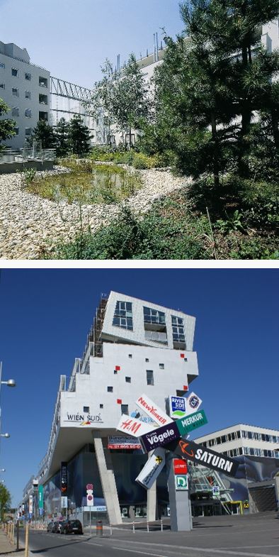 "Am Hofgartel" in Wien 11 - EKZ Riverside Oben: Urbaner Garten neben einem modernen Gebäude. Unten: Einkaufszentrum mit Geschäften und Schildern.