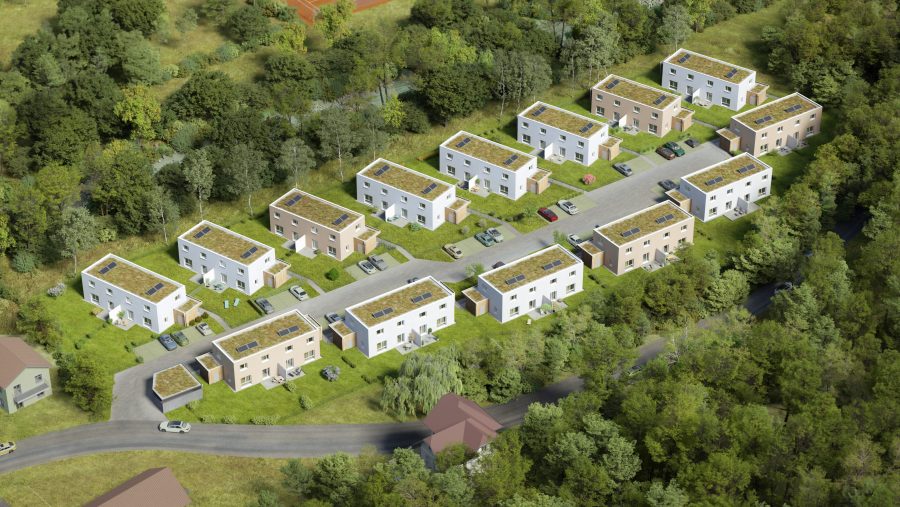 Luftbild von modernen Wohnhäusern mit Solarzellen, umgeben von Bäumen und einem Tennisplatz.