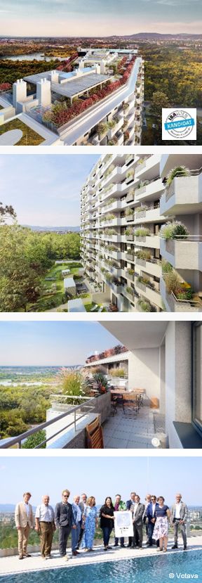 Referenz "Biotope City Wienerberg" Moderne Wohnanlage mit Balkonen, Terrasse und Personengruppe vor Pool in einer grünen Umgebung.